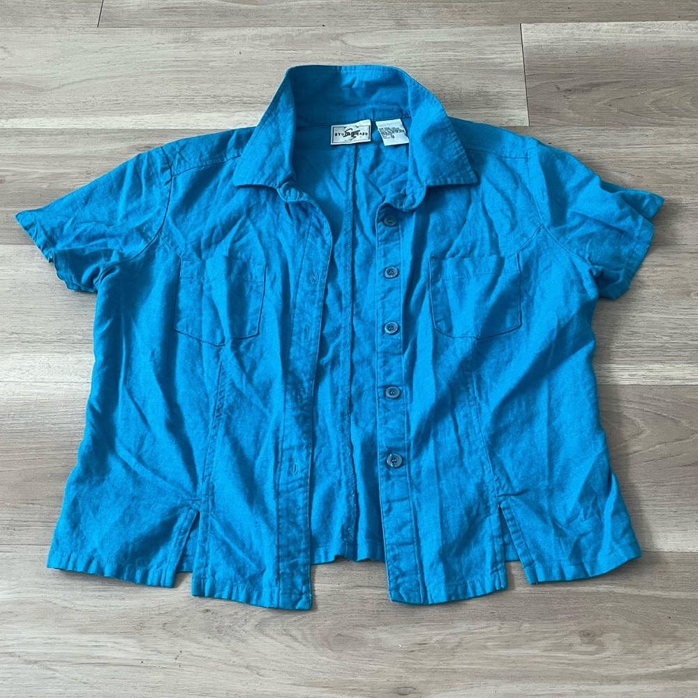 80’s Vintage Blue Button Up Top Size 12/Modern Medium
